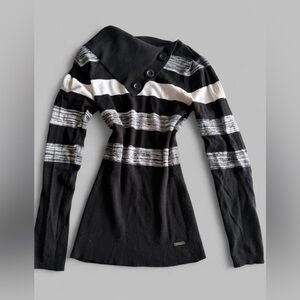 Black and White Striped Sweater with Button Detail